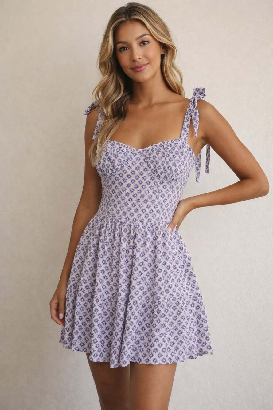 Sky to Moon Floral Tie-Shoulder Mini Dress Small Purple Cream Cottage-core Y2K